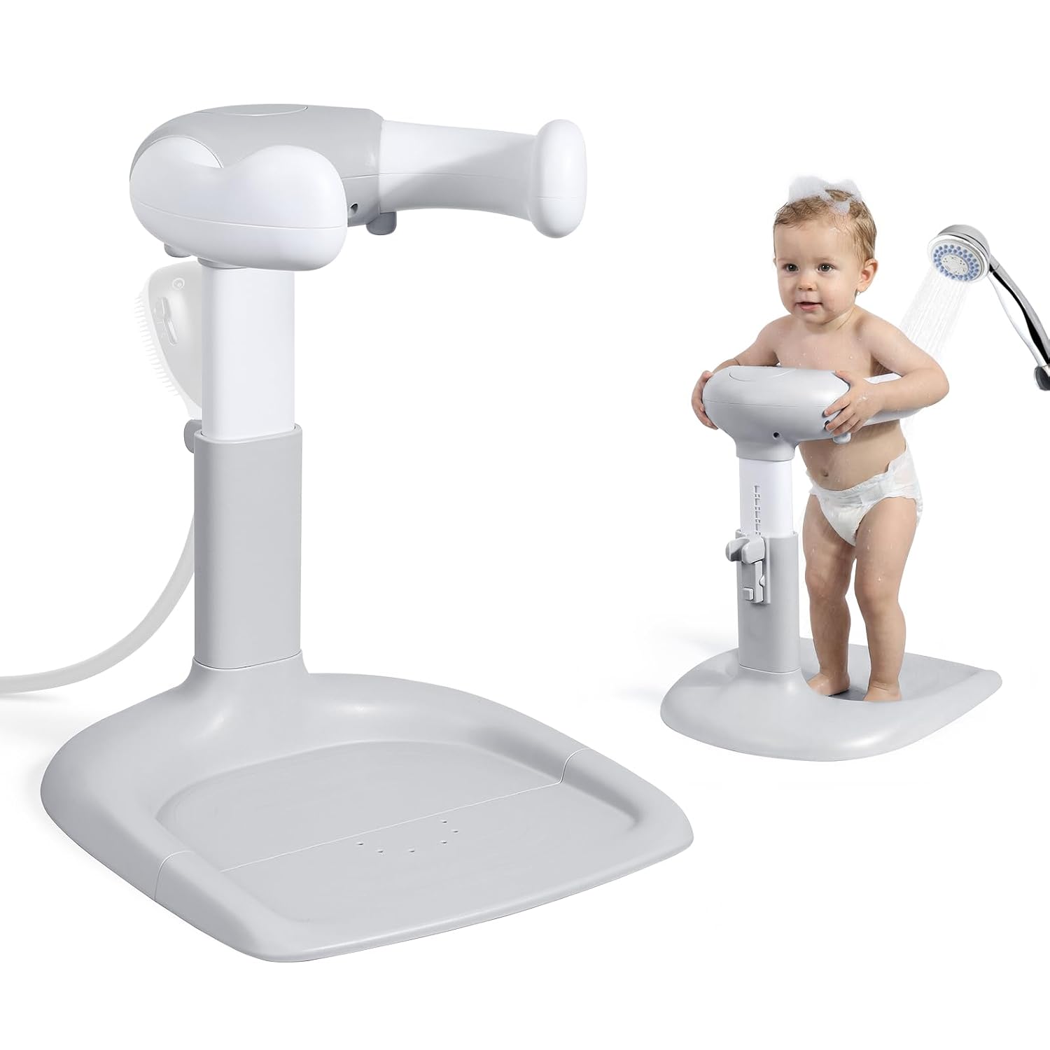 Orzbow Baby Bath Stand, Adjustable Height Baby Shower Stand, Toddler Shower Standing Support with Non-Slip Base for Infant 6-36 Months, Easy-Use, Ideal Gift, Gray