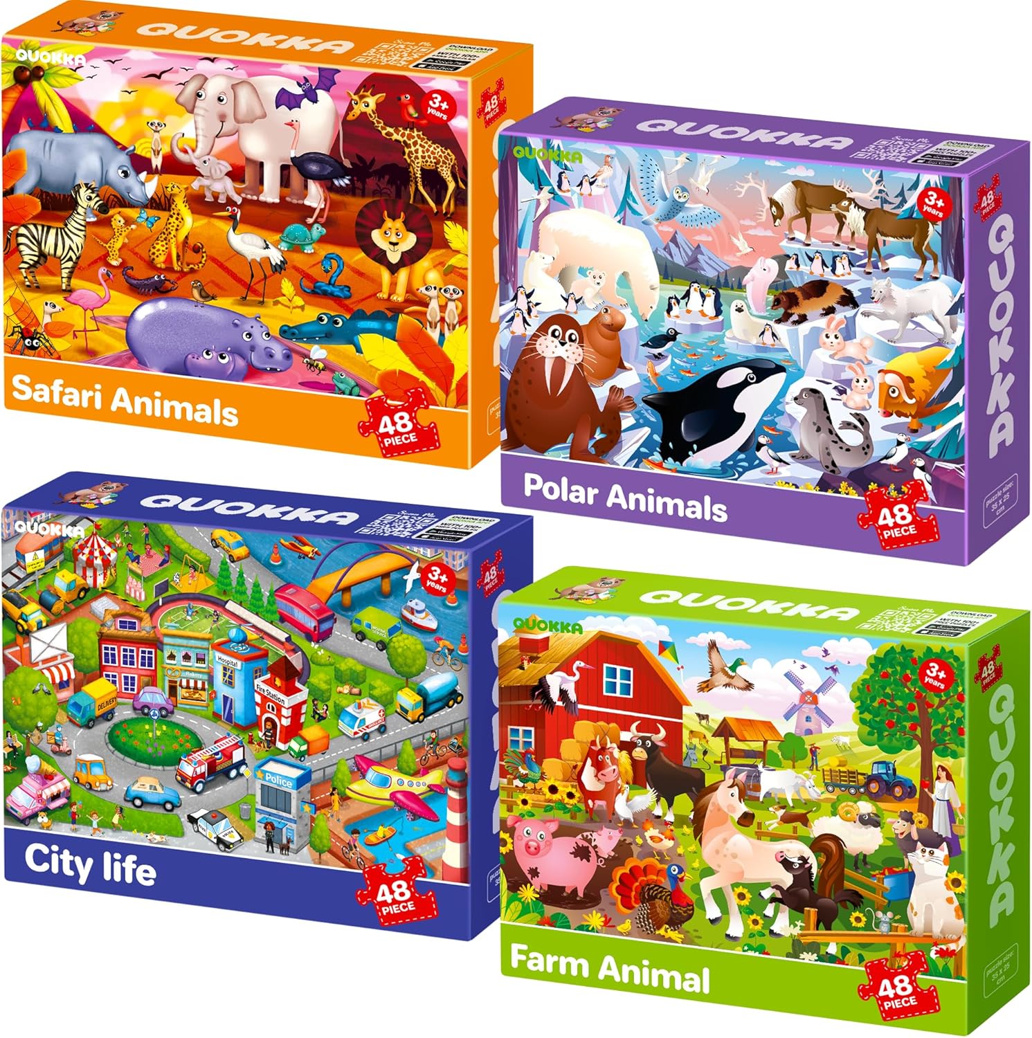 QUOKKA Puzzles for Kids Ages 4-6 – 4 x 48 Pieces Jigsaw Puzzles for Toddlers 2-4 – Children's Game Ages 3-5 for Learning Farm Animals – Educational Preschool Toy for Boys and Girls 4-8 Years Old